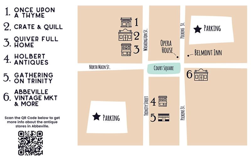 Walking map of the vintage markets and antique stores in Abbeville, SC